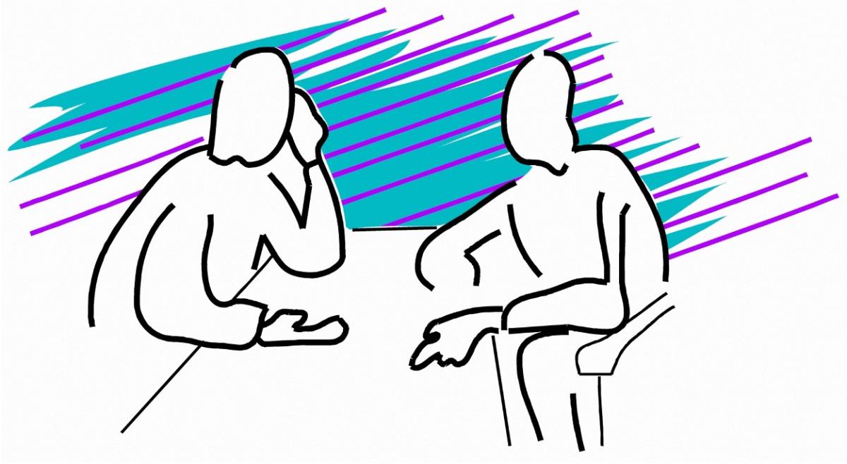 line drawing of people sitting together and talking