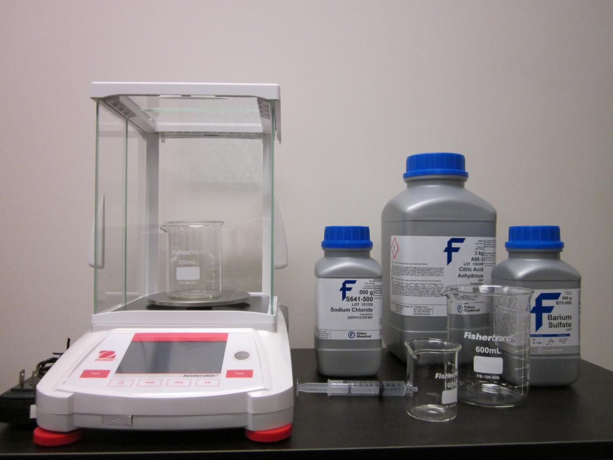 Scale, beakers, and ingredients